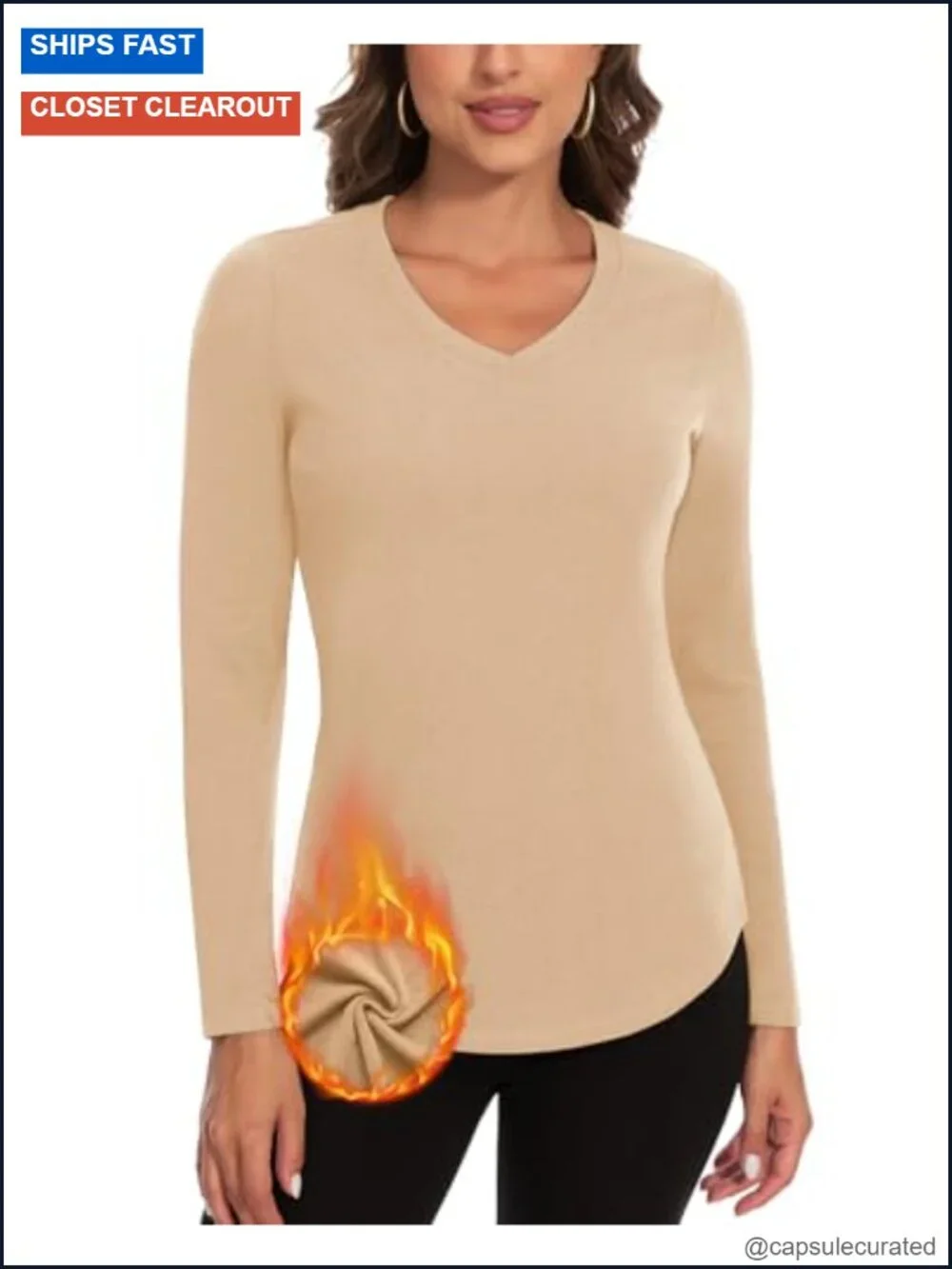 V Neck Fleece Lined Thermal Long Sleeve Base Layer Top for Women Cold Weather